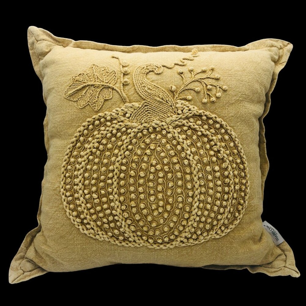 Vtg Shabby Chic Embroidered Textured Pumpkin Decorative Pillow Beige Cotton 19"